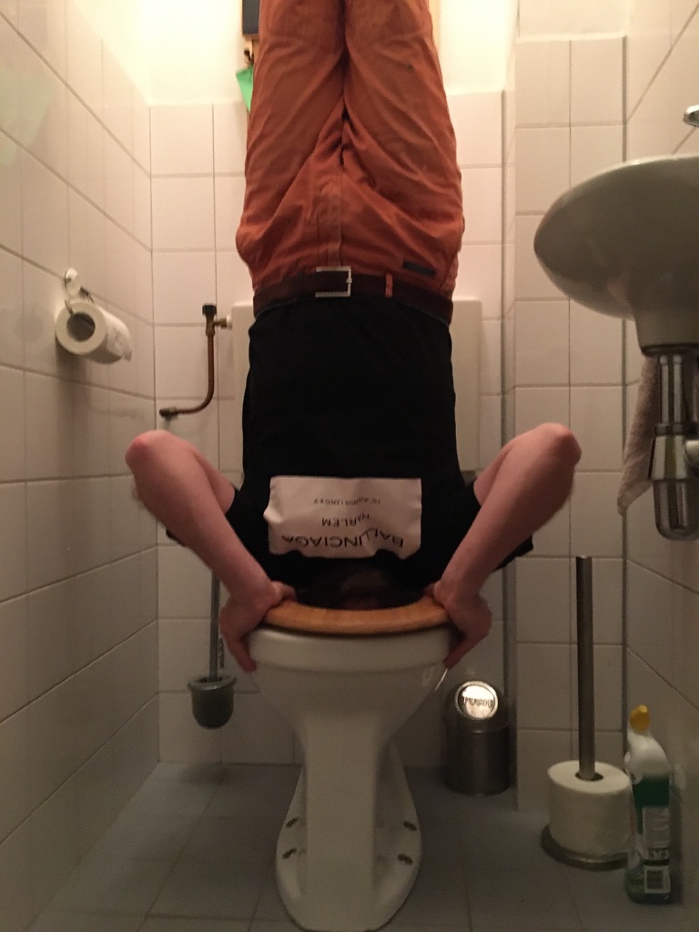Perry doing a handstand on a toilet seat