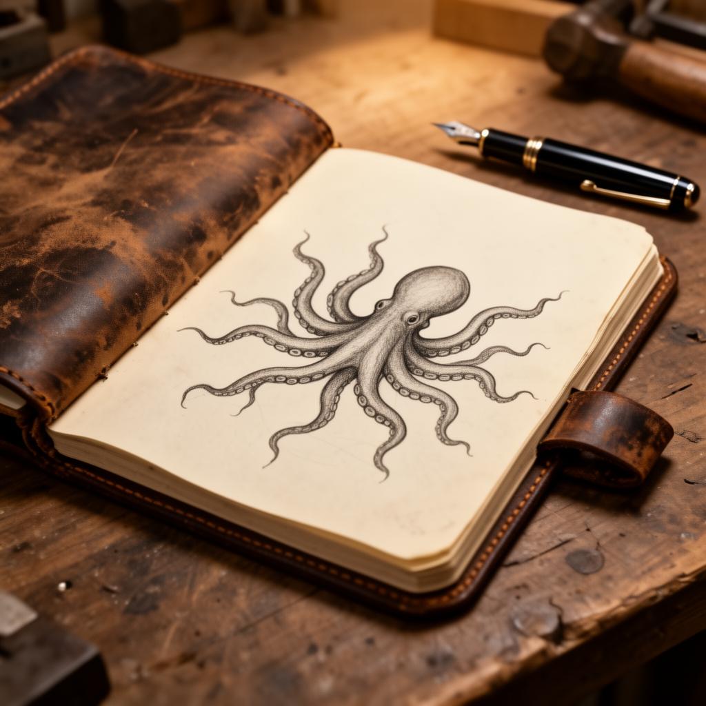 An open leather notebook with a hand-drawn octopus and fountain pen