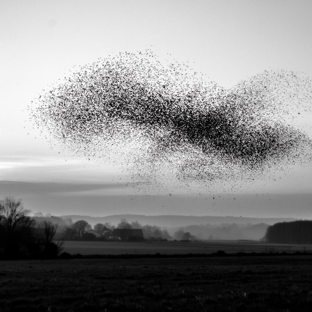 A flock of starlings in murmuration over a quiet landscape