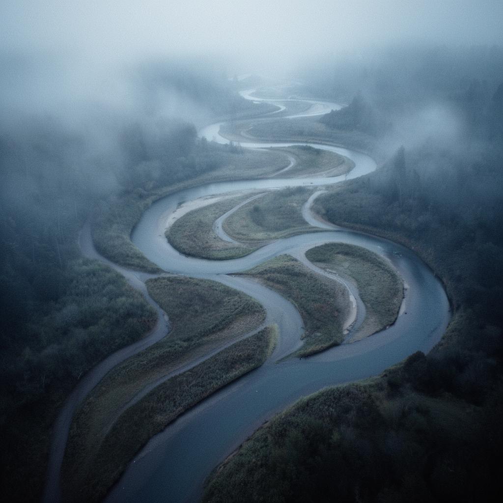 A winding river seen from above through mist