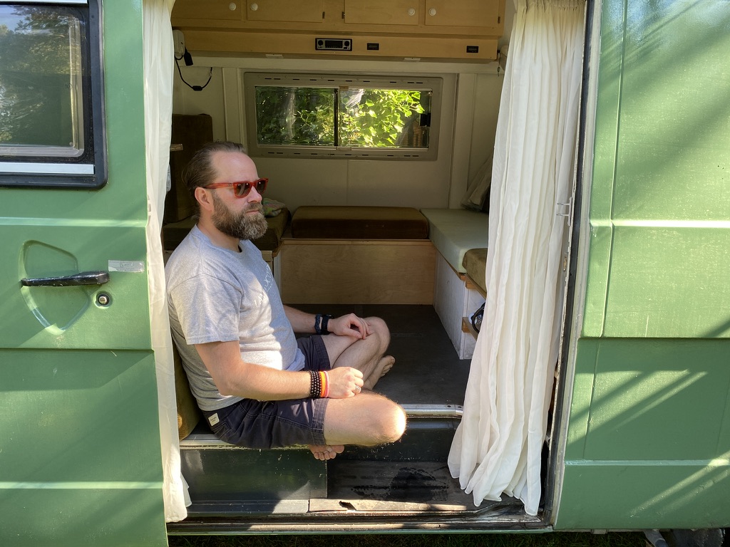 Perry in a vintage van
