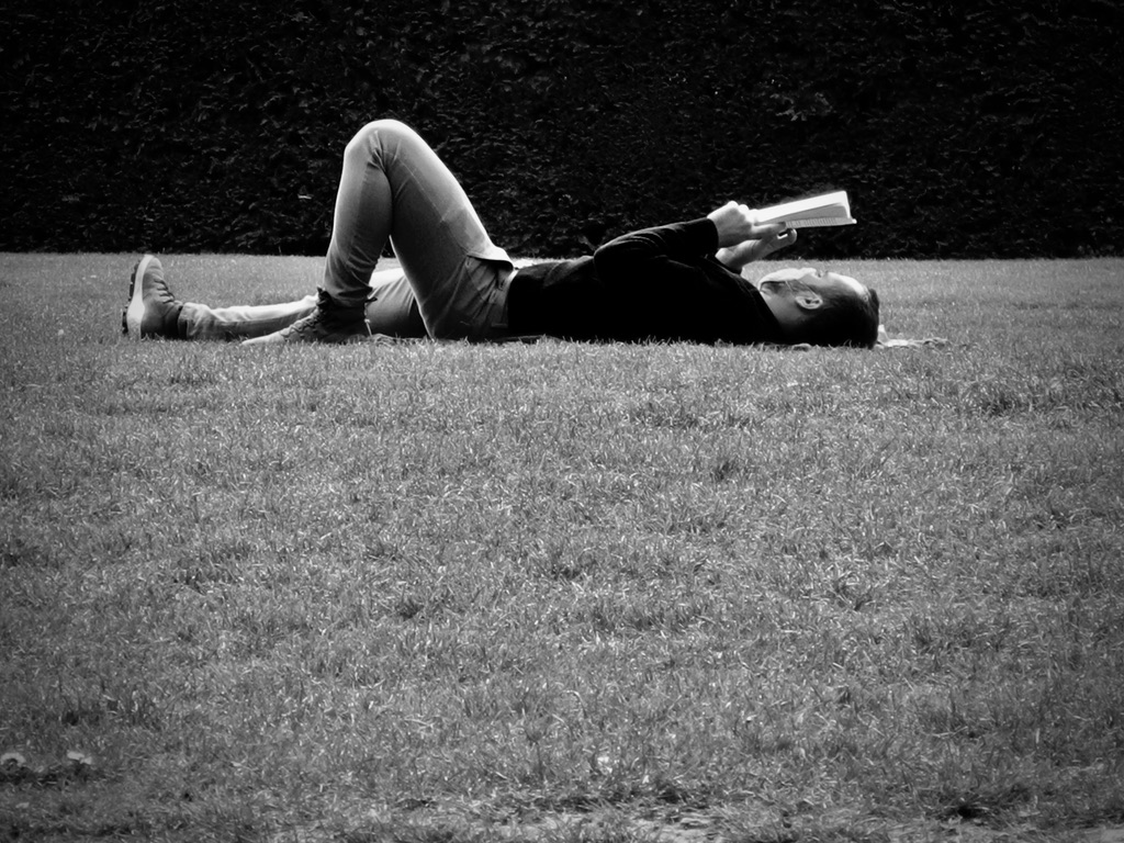 A person reading a book on the grass, Brussels, 2020