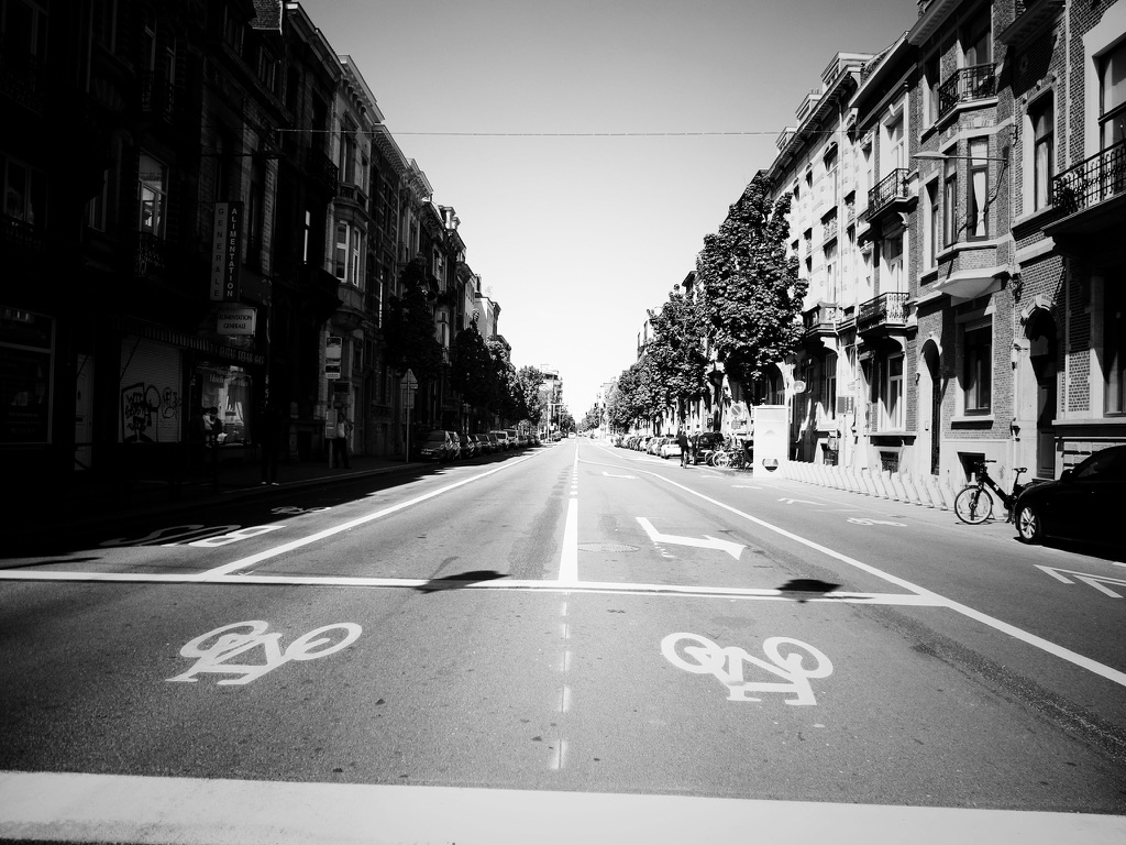 Empty Brussels avenue with bicycle lanes during lockdown, 2020